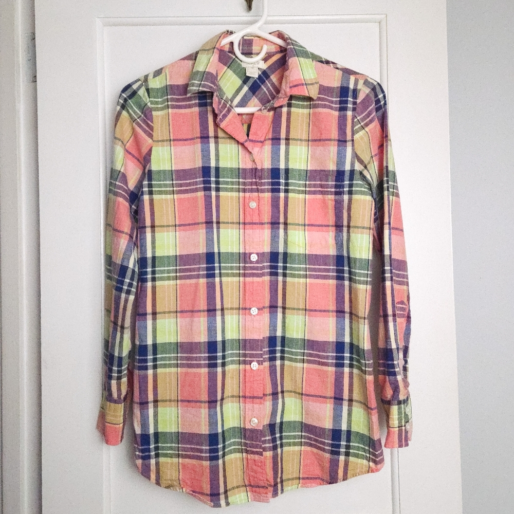 J.Crew Women’s XS 100% Cotton Plaid Button-Down Shirt – Multicolor Pastel - NWOT